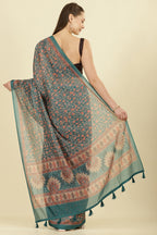 Teal Green Floral Printed Cotton Silk Saree