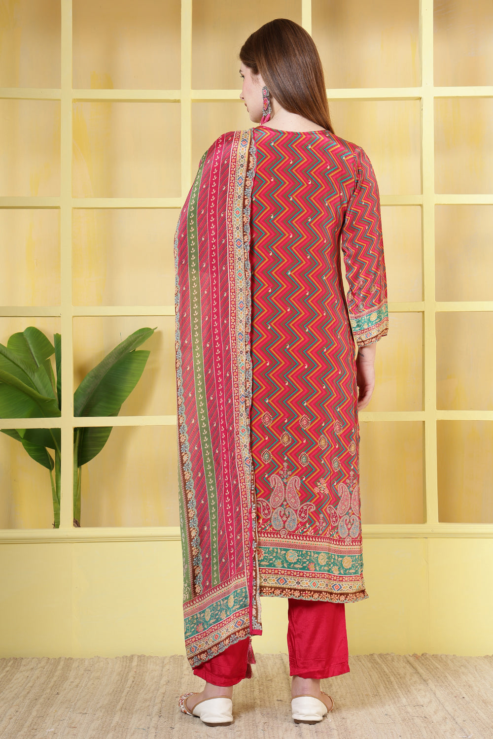 Magenta Crepe Silk Printed Straight Suit
