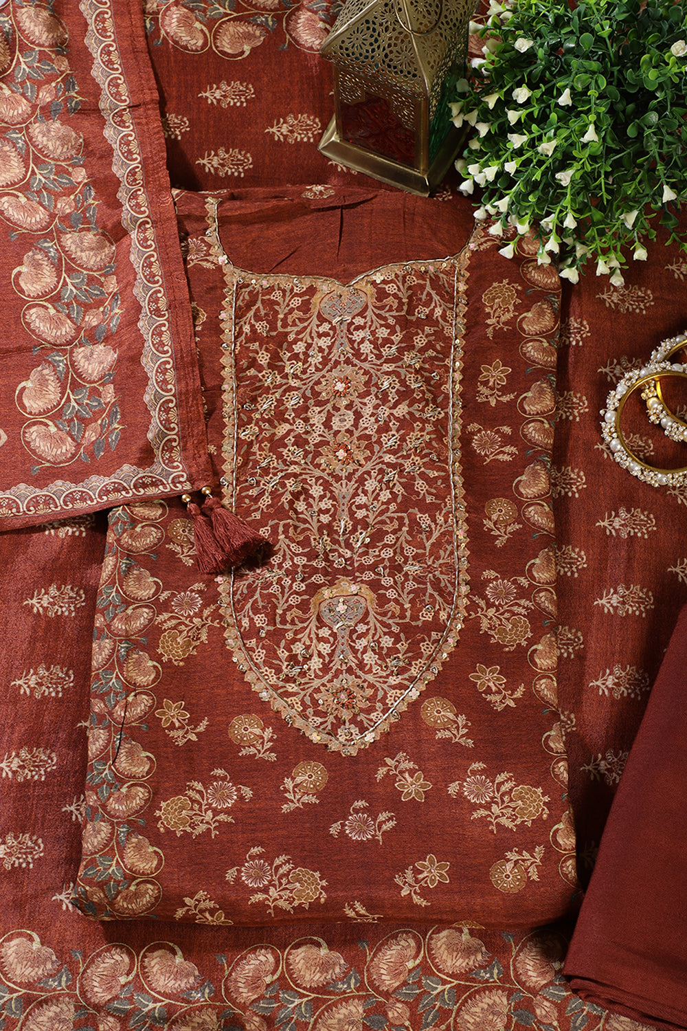 Brown Muslin Printed Unstitched Suit Fabric