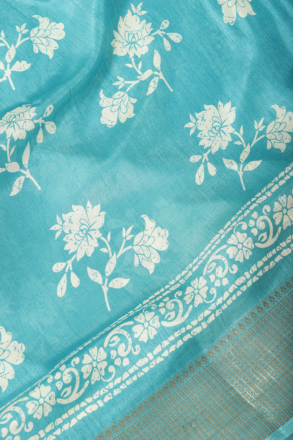Turquoise Cotton Silk Block Printed Saree
