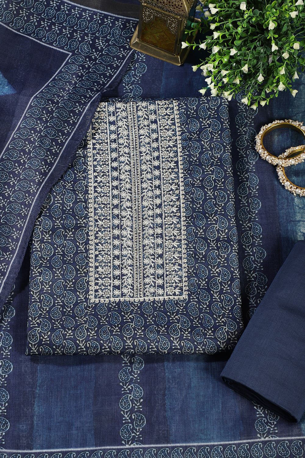 Navy Cotton Silk Printed and Neck Embroidered Unstitched Suit