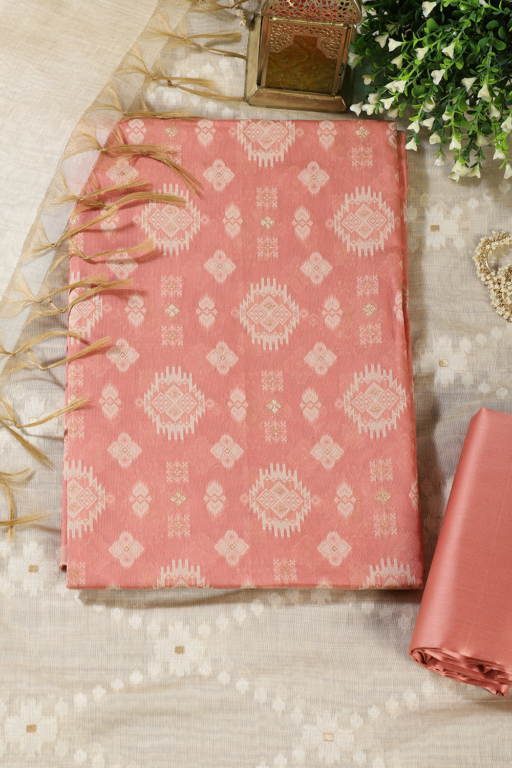 Peach Chanderi Cotton Woven Unstitched Suit