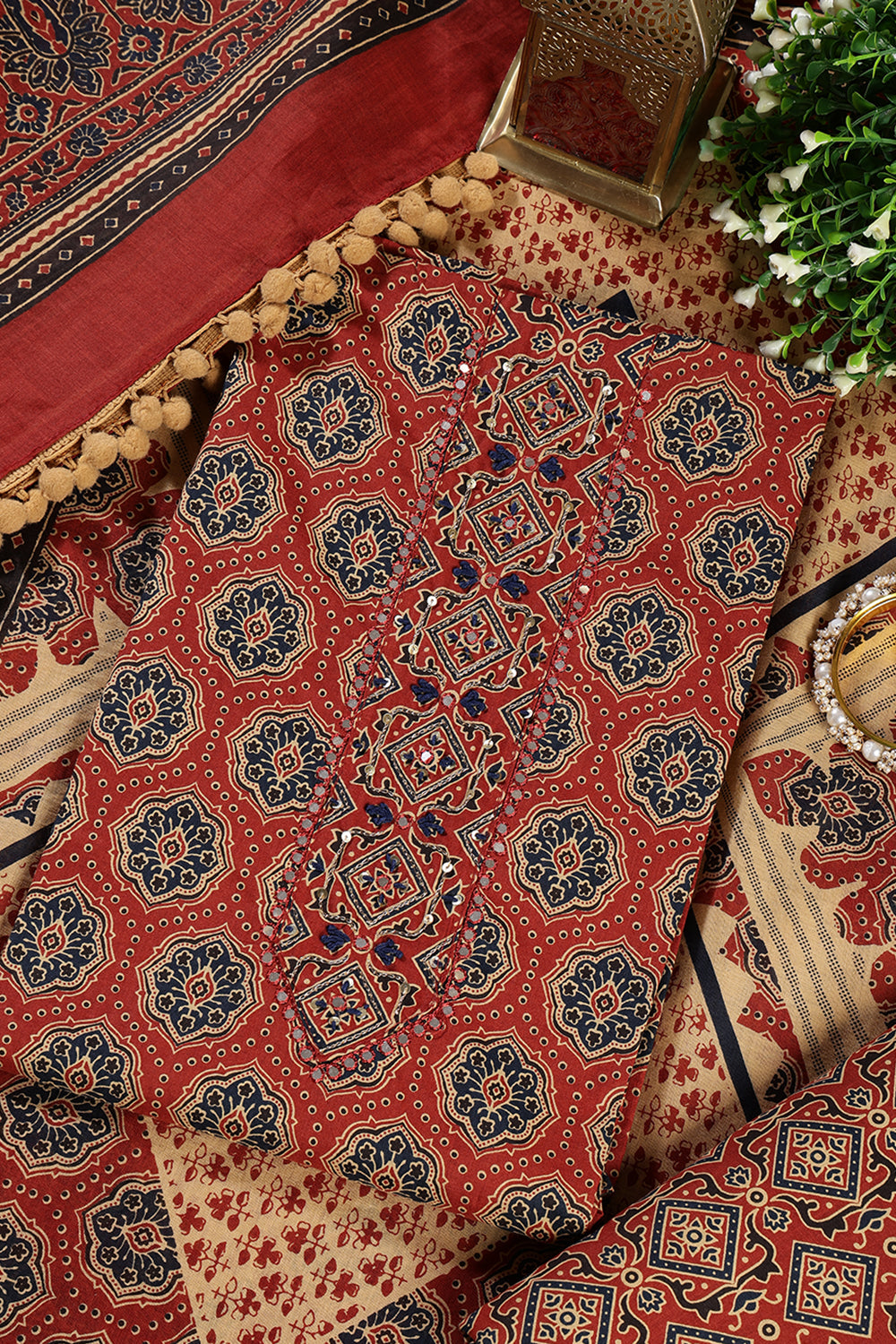 Maroon Cambric Cotton Printed And Mirror Wrok Unstitched Suit Material