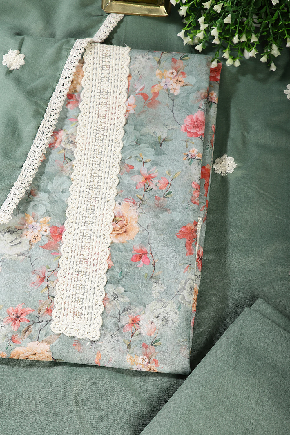 Sea Green Color Cotton Flower Printed and Lace Work Unstitched Suit Fabric