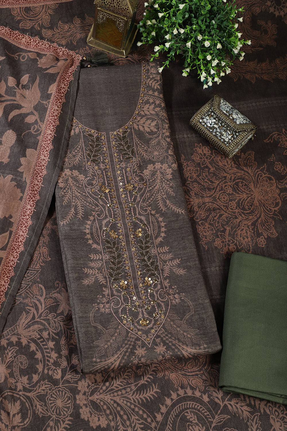 Green Spun Floral Printed Unstitched Suit Fabric
