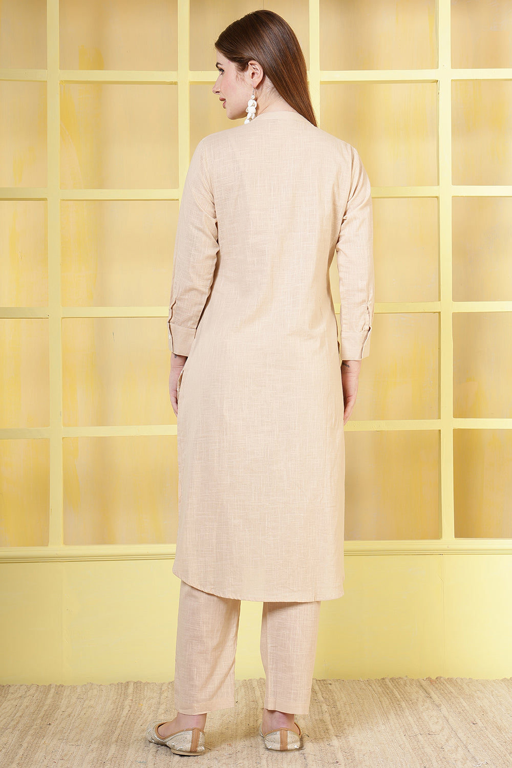 Beige Cotton Resham Embroidered Kurta Set
