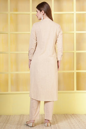 Beige Cotton Resham Embroidered Kurta Set
