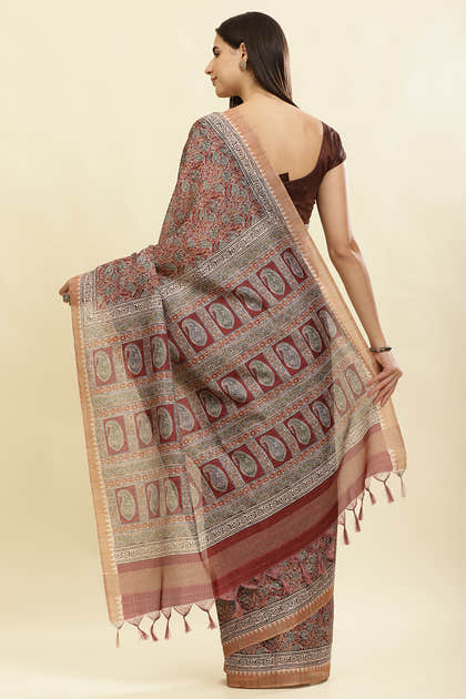 Maroon Cotton Silk Floral Boota Printed Saree