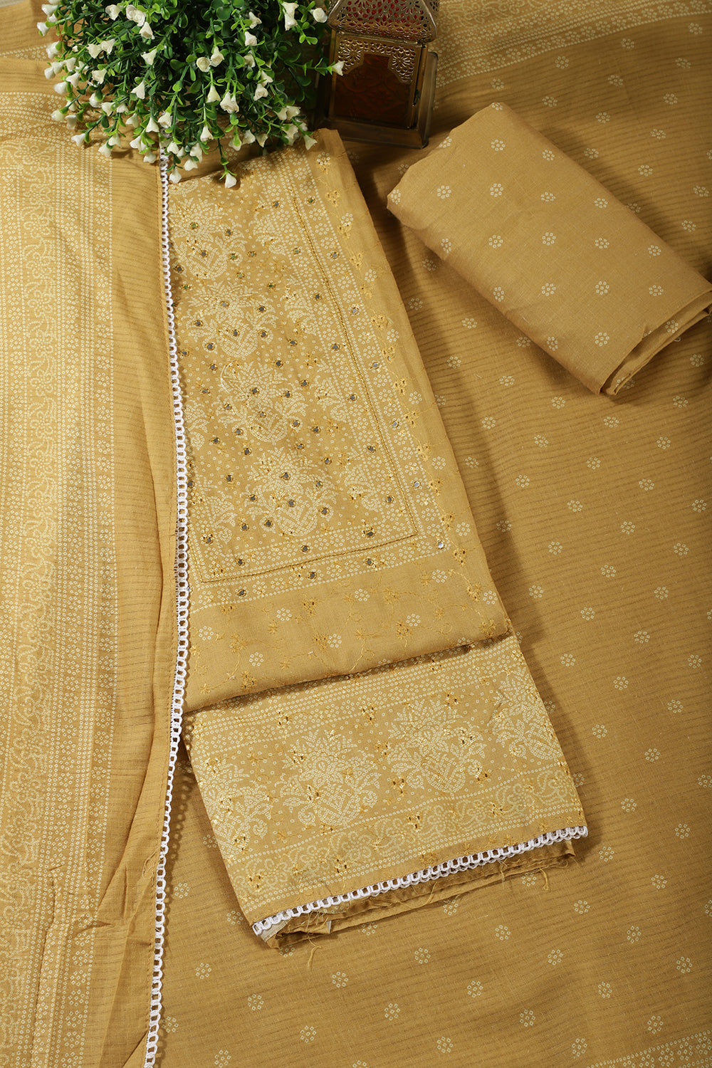 Mustard Color Resham & Mirror Embroidered Cotton Unstitched Suit Fabric