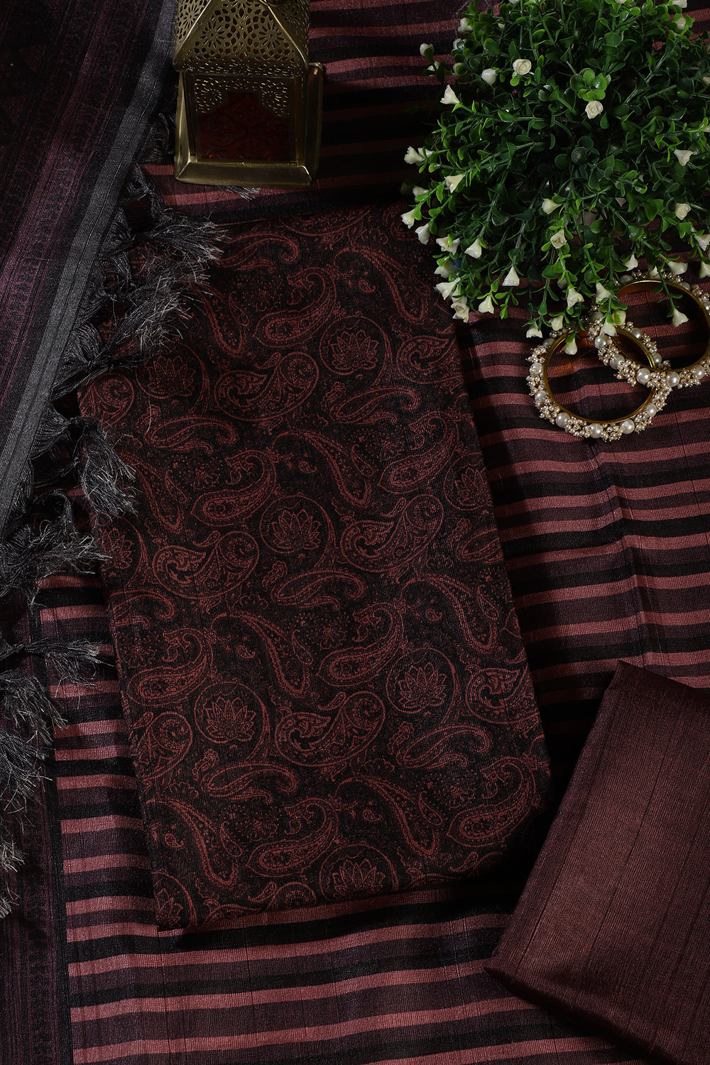 Wine & Black Digital Printed Chanderi Cotton Unstiched Suit Material