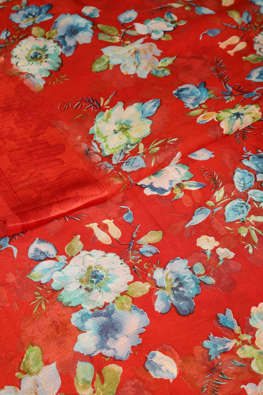 Red Color Floral Printed Chiffon Saree