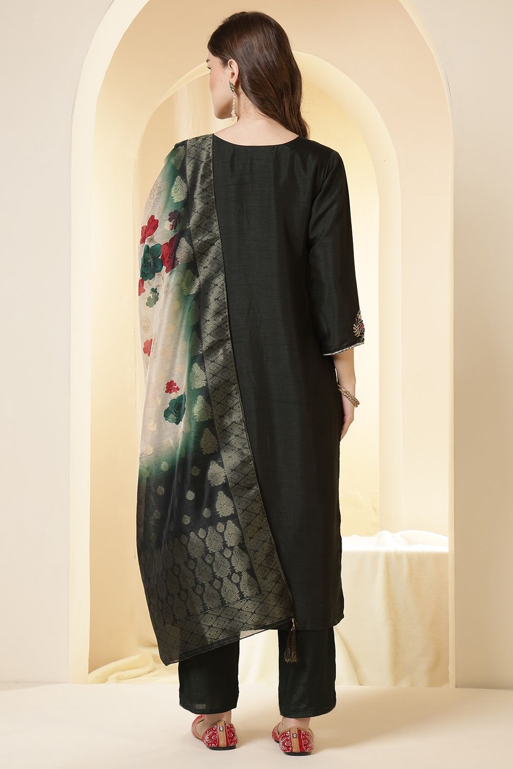 Green Color Silk Suit Set With Neck Embroidered & Floral Printed Dupatta