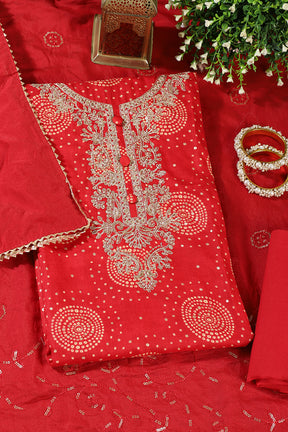 Red Cotton Bandhani Printed & Neck Embroidered Unstitched Suit