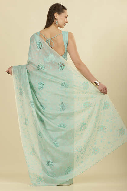 Turquoise Floral Resham Embroidered Cotton Saree