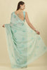 Turquoise Floral Resham Embroidered Cotton Saree