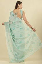 Turquoise Floral Resham Embroidered Cotton Saree