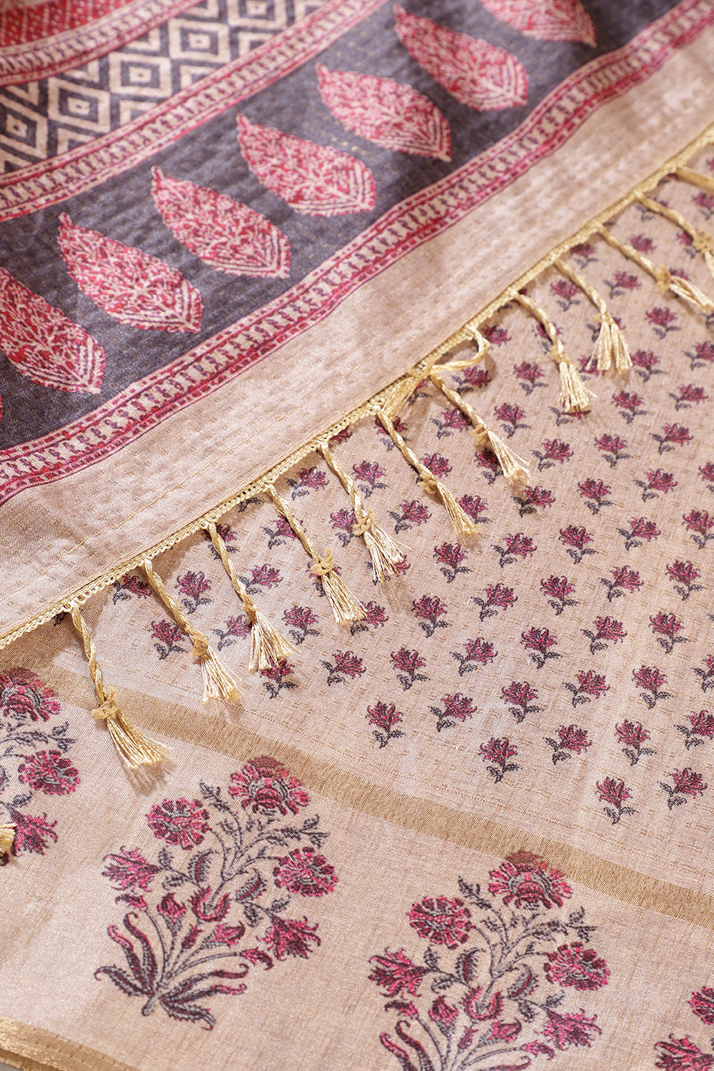 Dark Pink Tussar Silk Zari Woven & Printed Saree