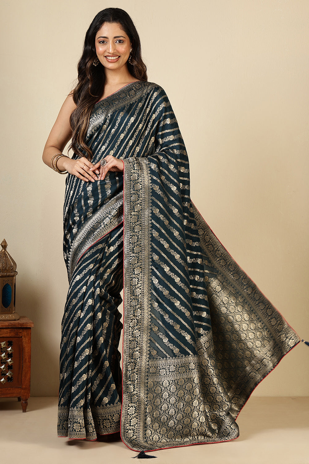 Navy Banarasi Woven Tussar Silk Saree