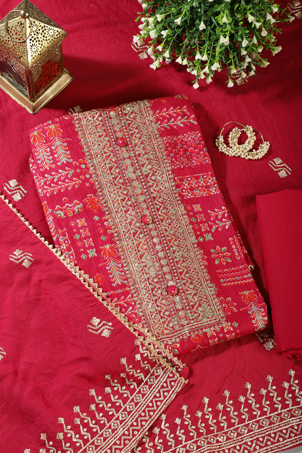 Cardinal Red Digital Printed & Neck Embroidered Cotton Unstitched Suit