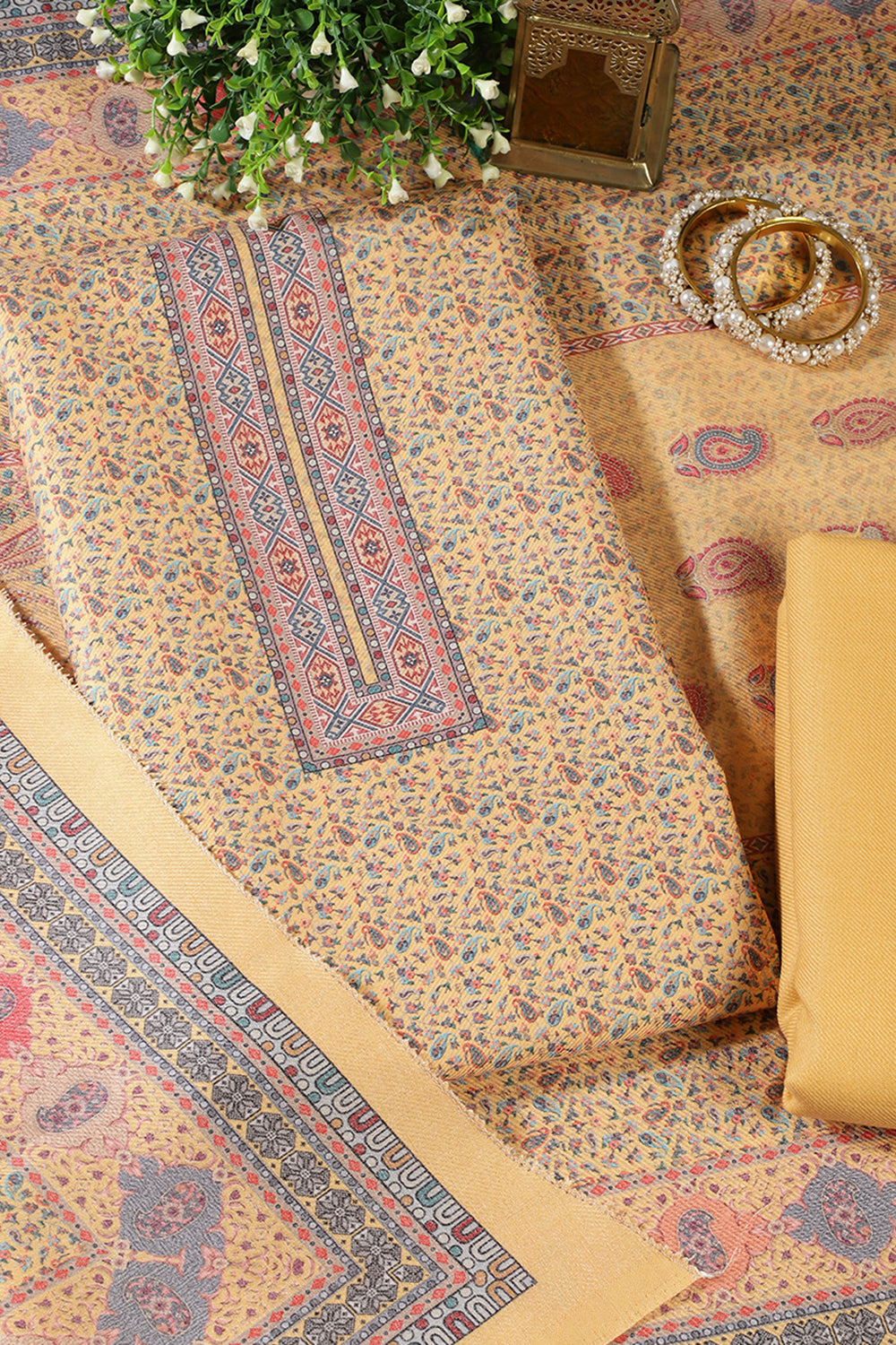 Pale Yellow Pashmina Floral Printed Unstitched Suit Fabric