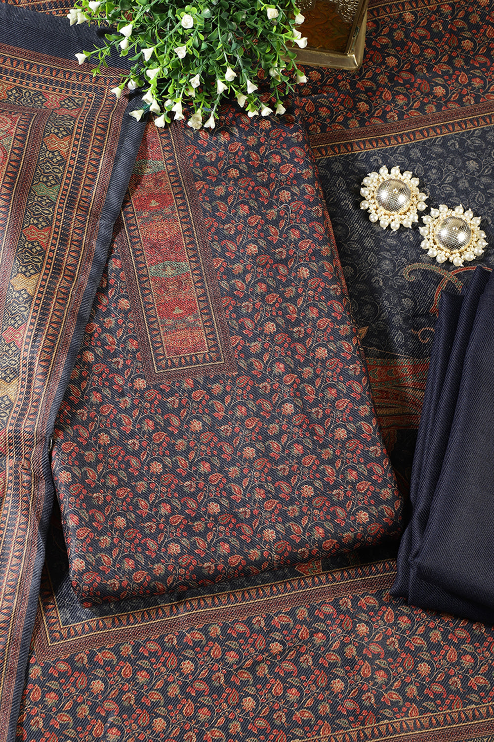 Navy Pashmina Floral Printed Unstitched Suit Material