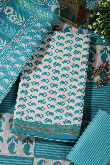 Cream & Teal Cotton Dabu Block Print Unstitched Suit Material