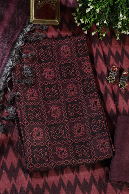 Wine Chanderi Cotton Digital Printed Unstiched Suit Material