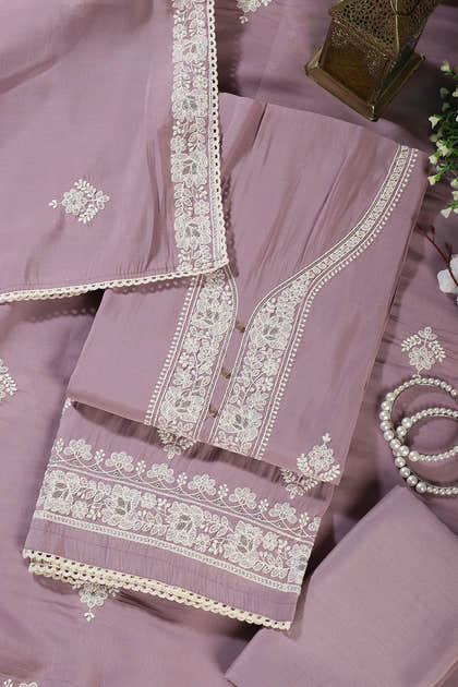 Mauve Muslin Resham Embroidered Unstitched Suit Material