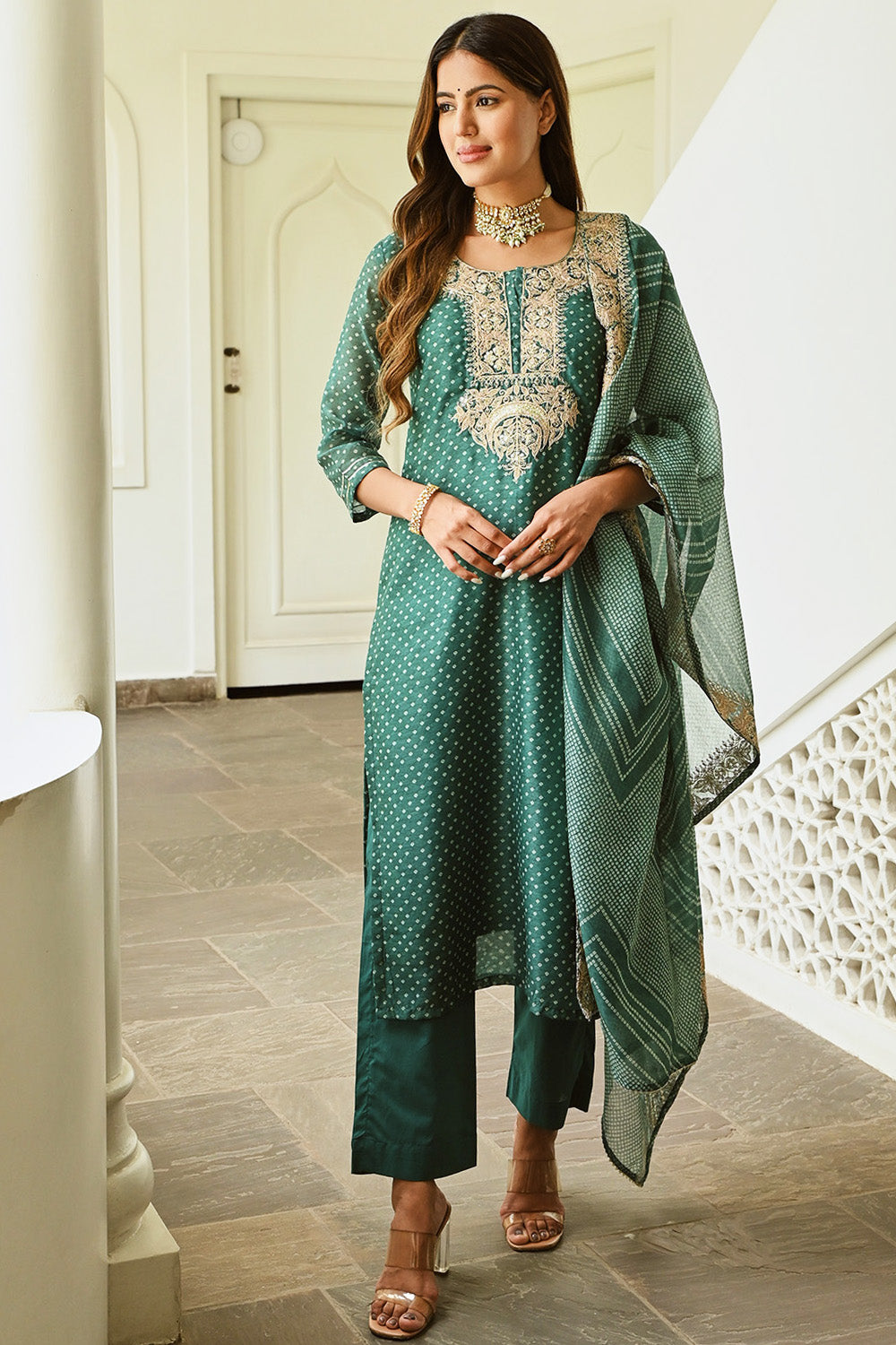 Green Color Printed & Neck Embroidered Chanderi Suit