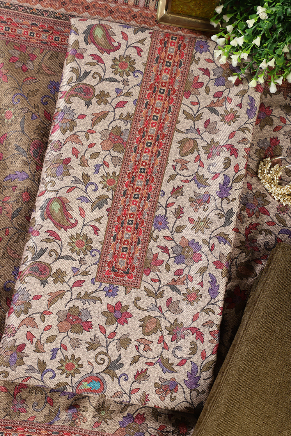 Mehandi Color Pashmina Floral Printed Unstitched Suit Fabric