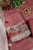 Light Maroon Tussar Cotton Printed And Floral Embroidered Unstiched Suit Material