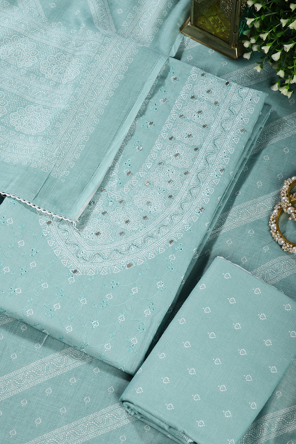 Sea Green Color Printed & Resham Embroidered Unstitched Suit