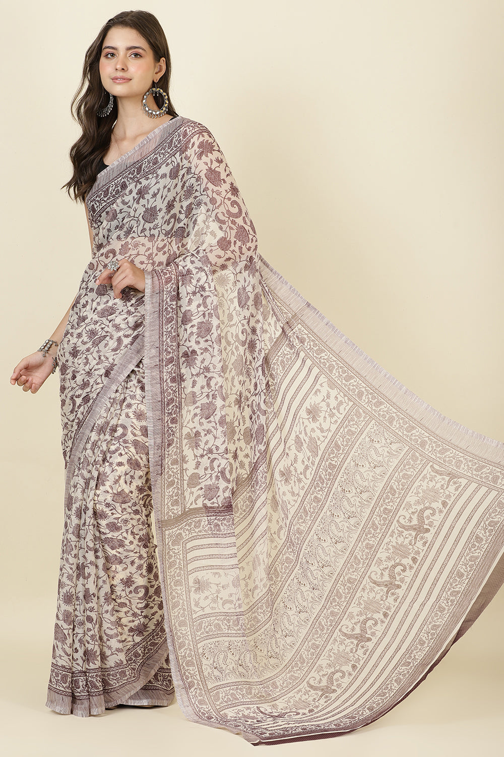 White & Wine Georgette Floral Printed Saree