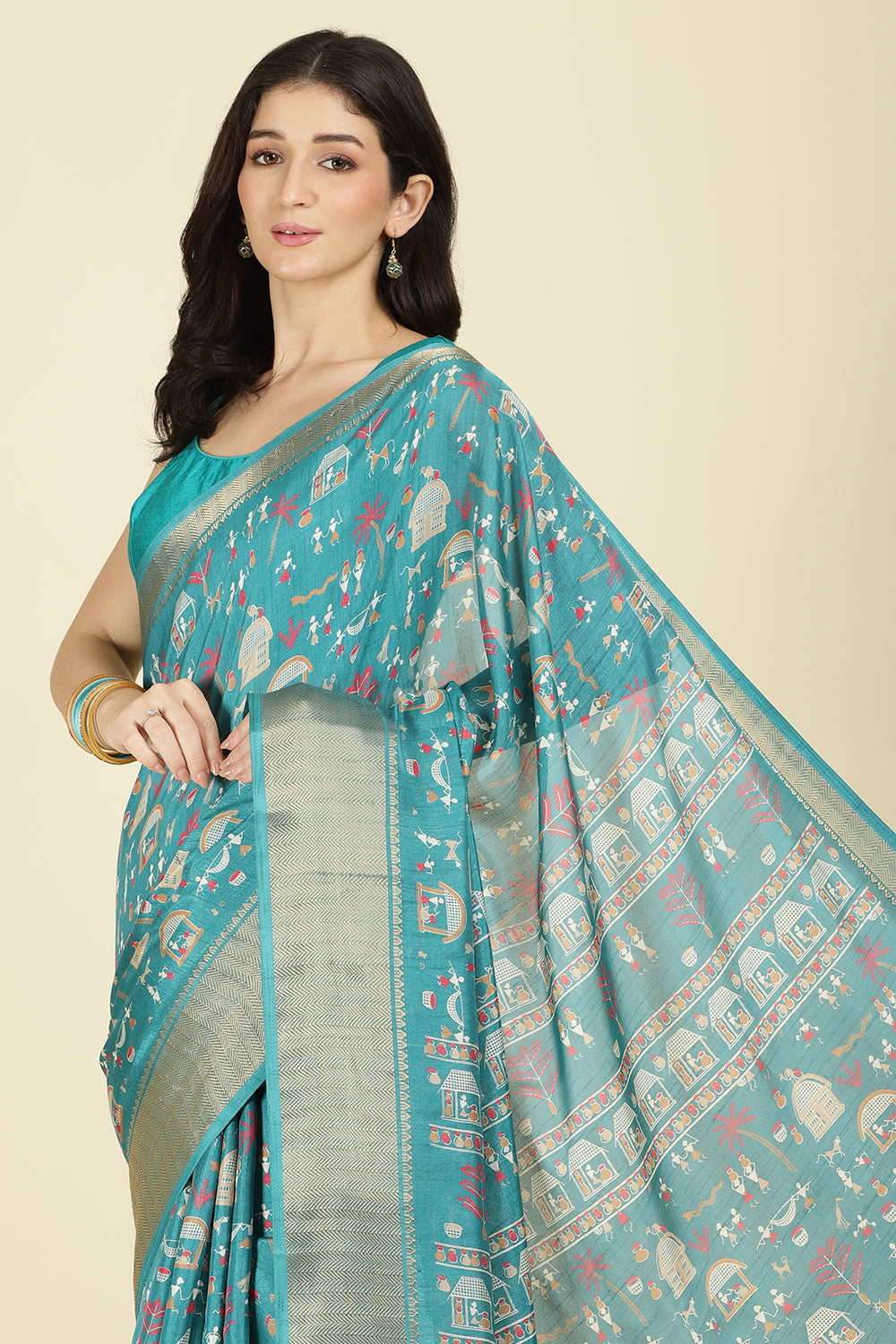 Teal Cotton Silk Printed Saree