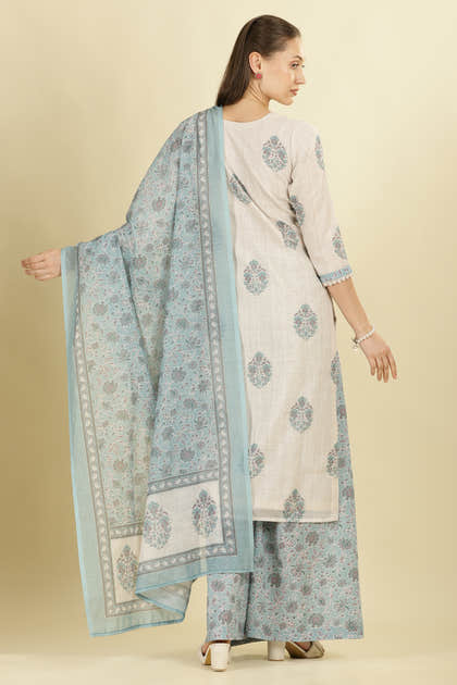 Cream Chanderi Cotton Hacoba Style & Floral Printed Unstitched Suit Material