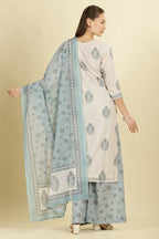 Cream Chanderi Cotton Hacoba Style & Floral Printed Unstitched Suit Material