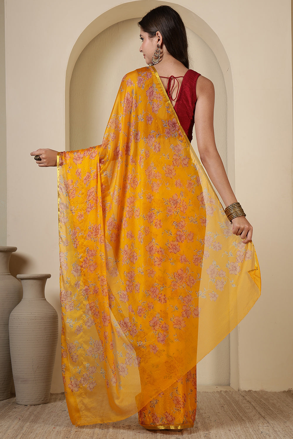 Mustard Chiffon Floral Zari Border & Floral Printed Saree