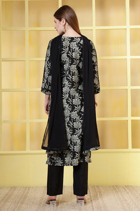 Black Floral Printed Cotton Suit Set