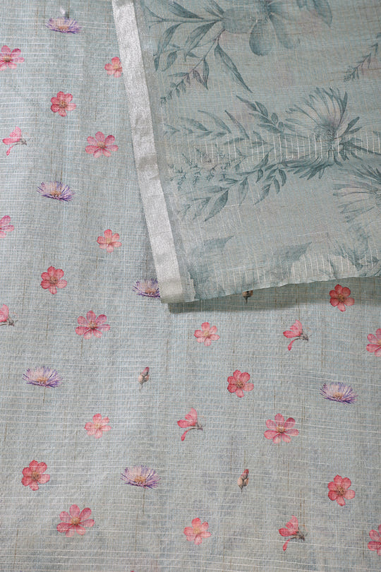 Beige & Green Metallic Tissue Floral Printed Saree