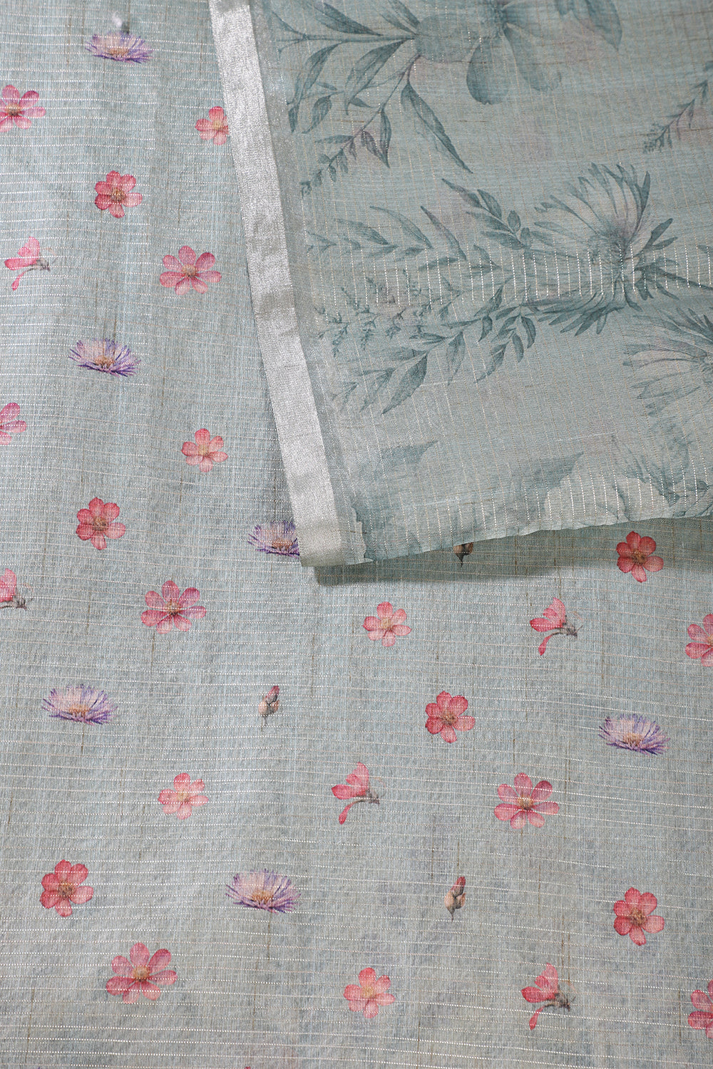 Beige & Green Metallic Tissue Floral Printed Saree