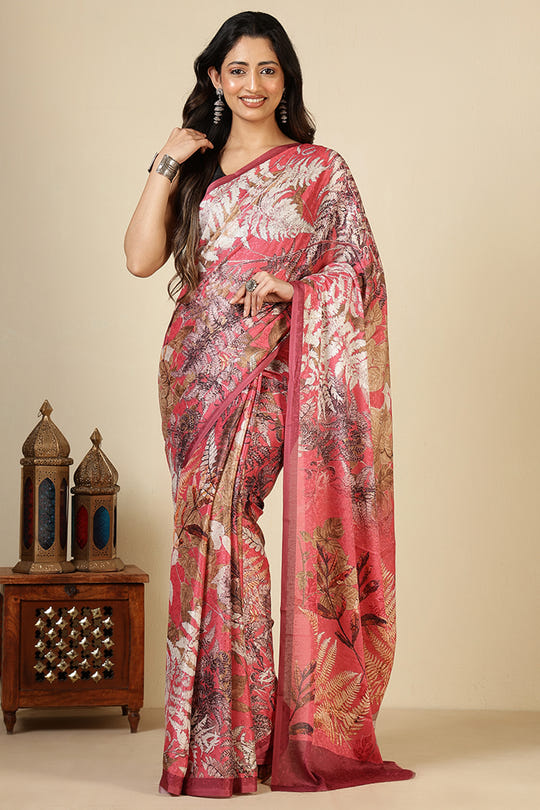 Coral Jacquard Silk Printed Saree