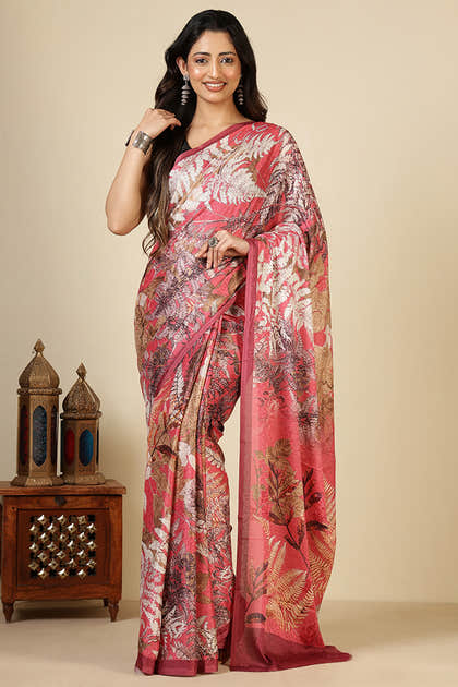 Coral Jacquard Silk Printed Saree