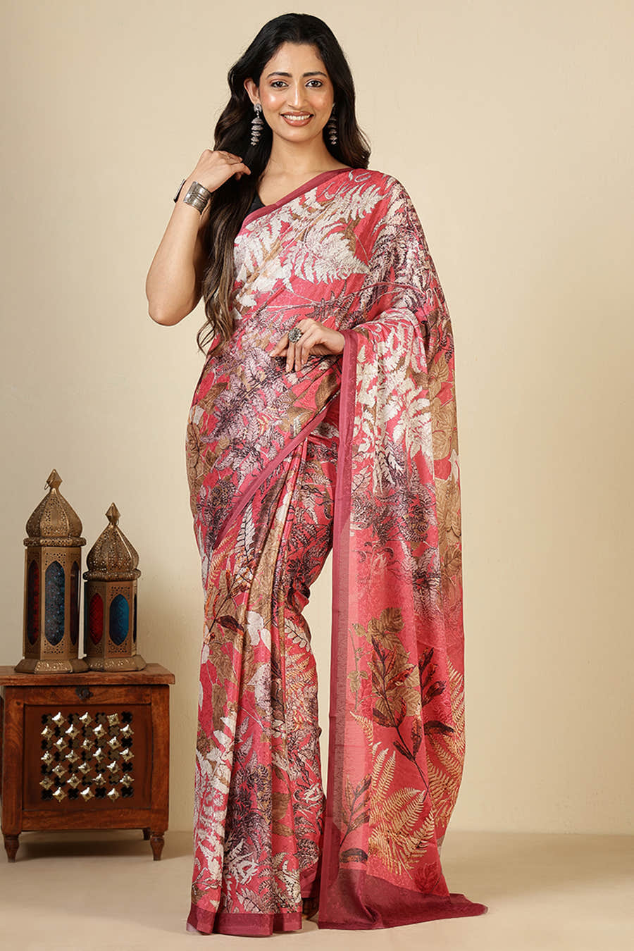Coral Jacquard Silk Printed Saree