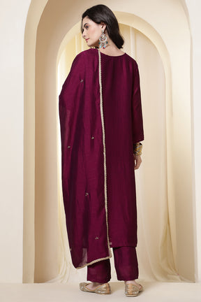 Dark Scarlet Chinone Silk Neck-Embroidered Suit Set