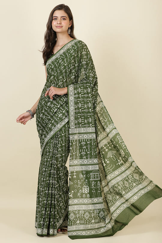 Green Cotton Dhabu Printed Saree