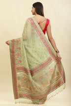 Pista Green Chanderi Cotton kashida Weaves Saree