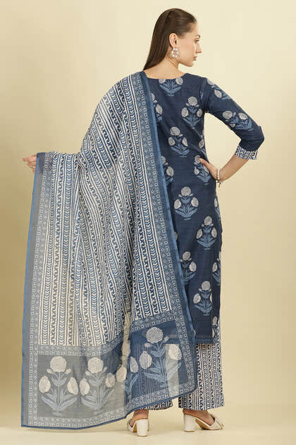 Blue Cotton Hacoba Style Printed Unstitched Suit Material