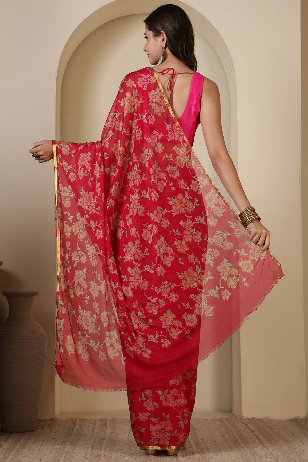 Rani Chiffon Floral Zari Border & Floral Printed Saree