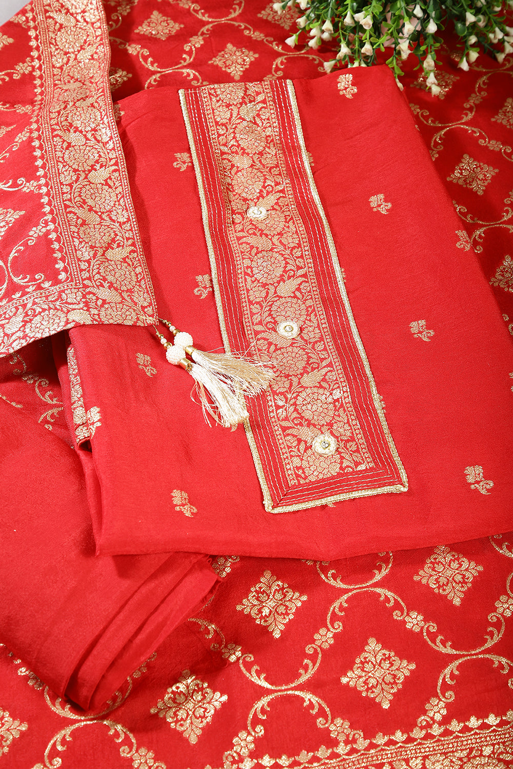 Red Color Crepe Silk Woven Unstitched Suit Material