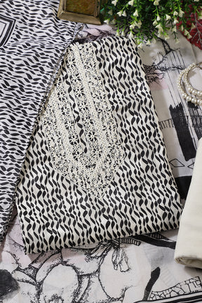 White & Black Rayon Cotton Printed & Neck Embroidered Unstitched Suit